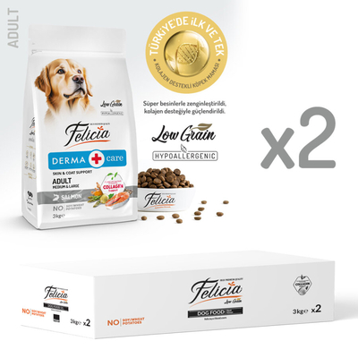 Felicia 6 Kg (2x3 Kg) Kolajenli Somonlu Az Tahıllı M/Large Yetişkin Köpek Maması. Breed HypoAllergenic Köpek Maması - Thumbnail