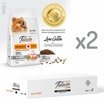 Felicia 6 Kg (2x3 Kg) Kolajenli Somonlu Az Tahıllı Small/Mini Yetişkin Köpek Maması /Mini HypoAllergenic Köpek Maması - Thumbnail
