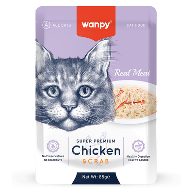 Wanpy - Wanpy 85 gr Pouch Tavuklu & Yengeçli Yaş Kedi Maması 12 Adet